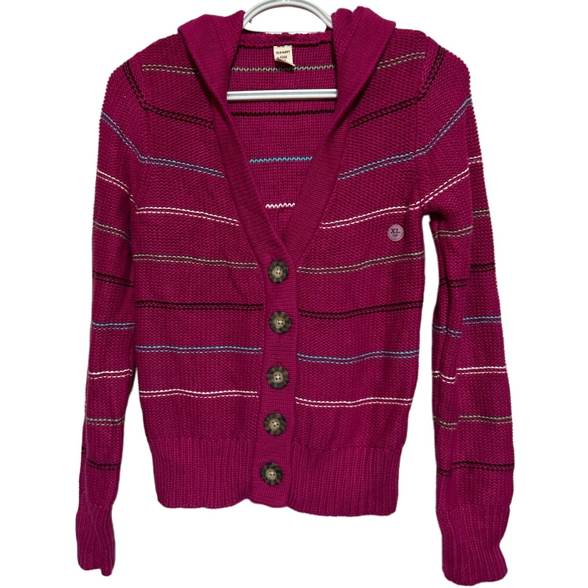Old Navy Girl's Youth Fuschia Button Down V-Neck Hoodie Sweater Size Xl - 14